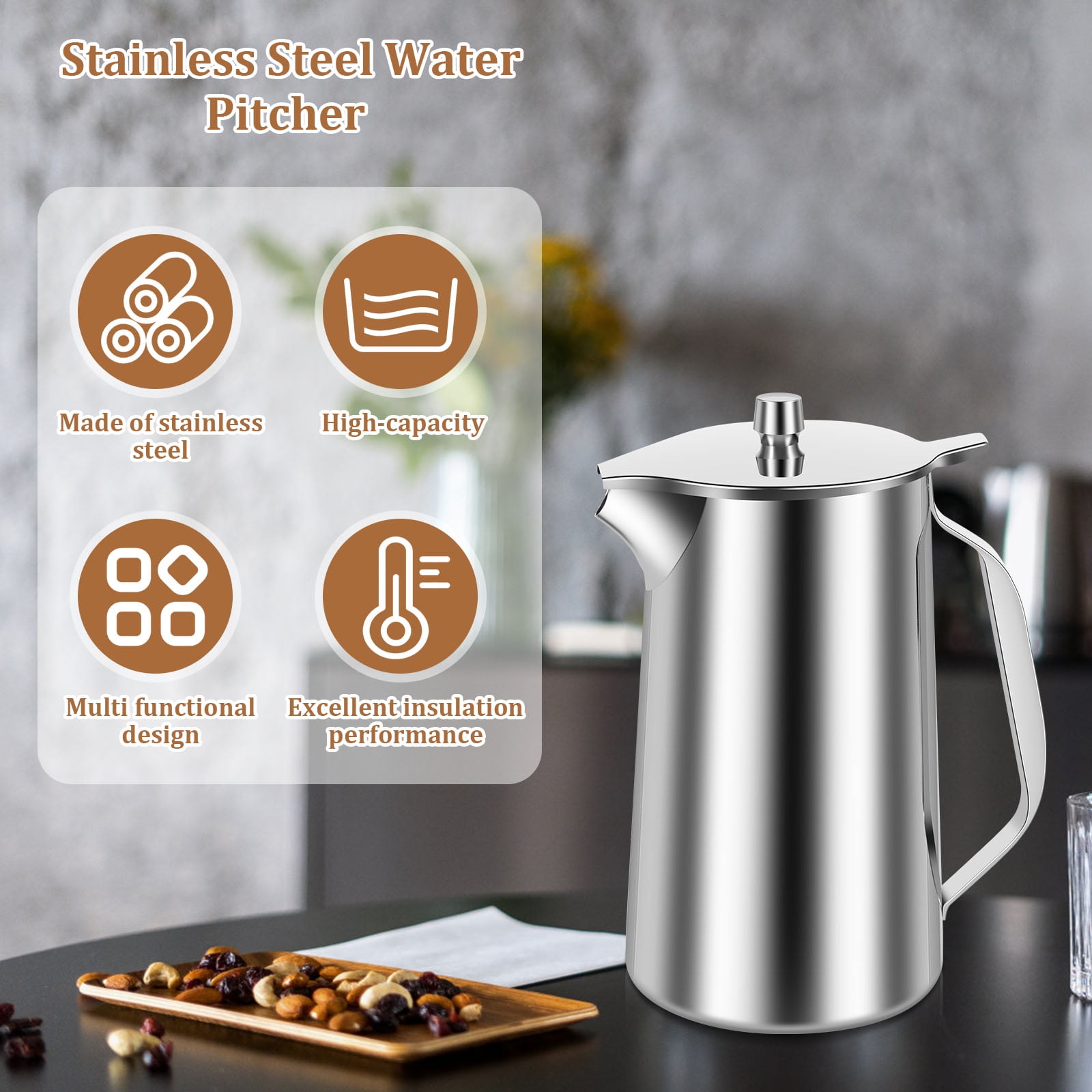 64 oz,Smooth Silver Stainless Steel Water Pitcher,stainless steel pitcher,metal water pitcher,metal water pitchers for restaurants,restaurant water pitcher,metal pitcher