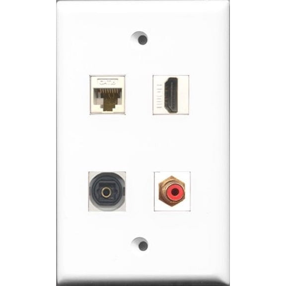 RiteAV 1 Port HDMI and 1 Port RCA Red and 1 Port Toslink and 1 Port Cat6 Ethernet White Wall Plate