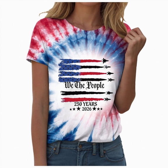 Leey-World 250 Year Anniversary America Women Tee Shirts Tie Dye Shirt for Women Hippies Crewneck Short Sleeve T-Shirt(Dark Blue,S)