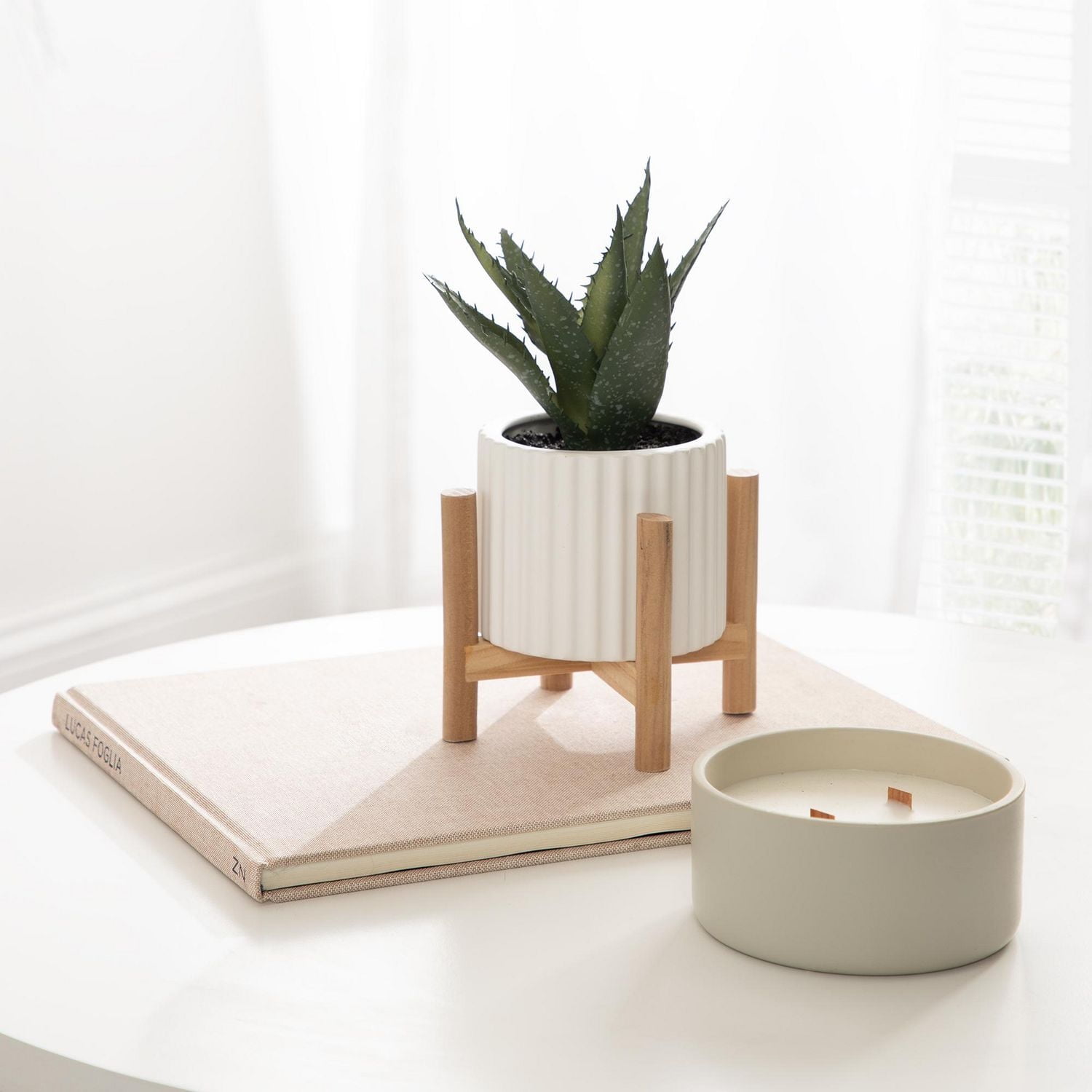 hometrends Parmalee Agave Ribbed White Pot, 9”H x 5.25” W x 5.25” D