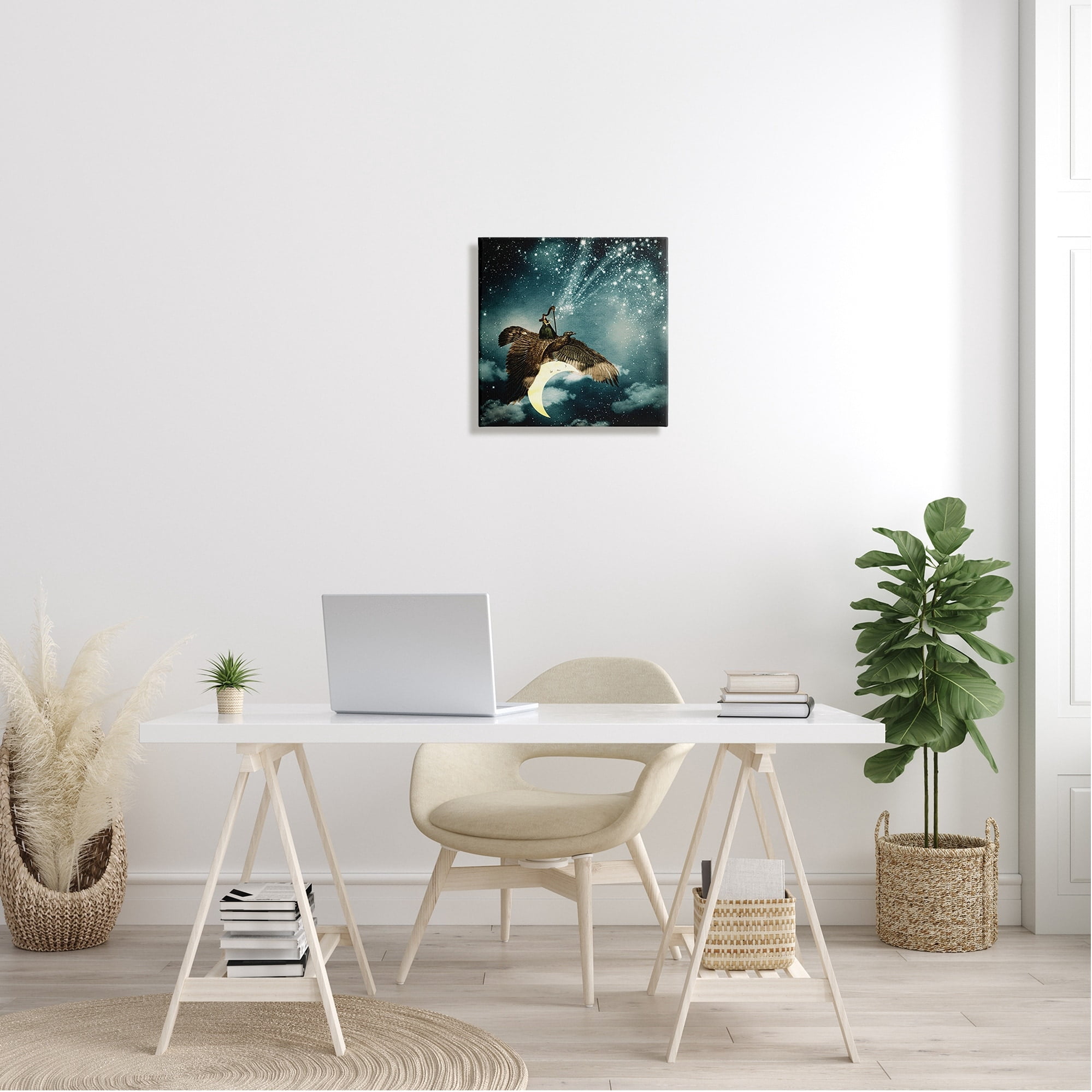 Stupell Industries Dreamy Surreal Bird Flying Moon Harp Galaxy Stars Canvas Wall Art, 17 x 17, Design by Paula Belle Flores