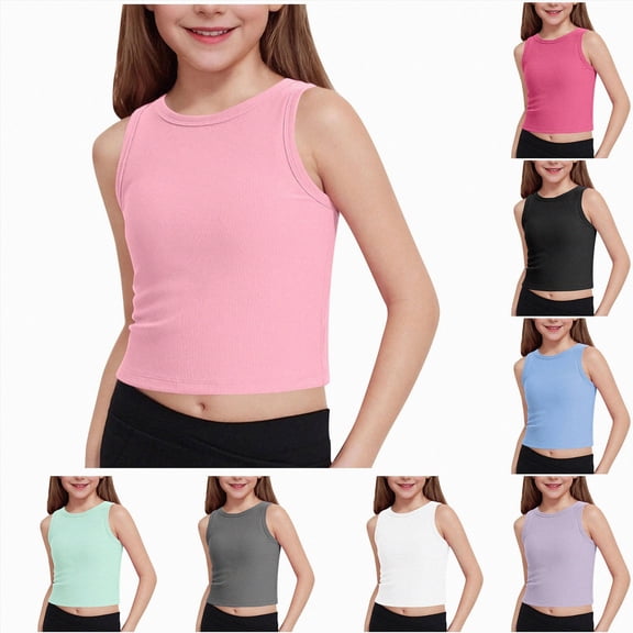 WUANDIXFA Girls Racerback Crop Tank Tops 5-16 Years High Neck Dance Yoga Athletic Casual Tight Kids Teen,Hot Pink,11-12 Years