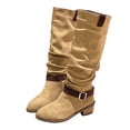 thumbnail image 2 of Knee High Boots for Women Wide Calf Sweater Knitted Ruched Comfortable Tall Boots Fashion Side Zipper Low Heel Slouch Buckle Straps Motorcycle Riding Boot Round Toe Vintage Winter Boot, 2 of 8