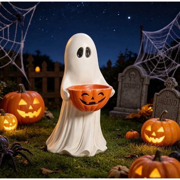 12 Inch Resin Ghost Statue with Pumpkin Candy Bowl Outdoor Weatherproof Halloween Ghost Figurine Freestanding Trick or Treat Candy Holder for Front Porch Yard Patio Mantel Indoor Party Decor