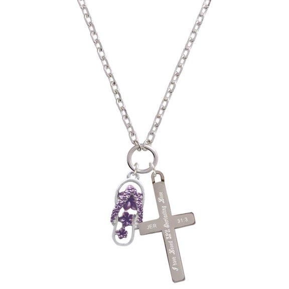 Delight Jewelry Silvertone Purple Open Plumeria Flower Flip Flop Everlasting Love Engraved Cross Zoey Necklace, 28"