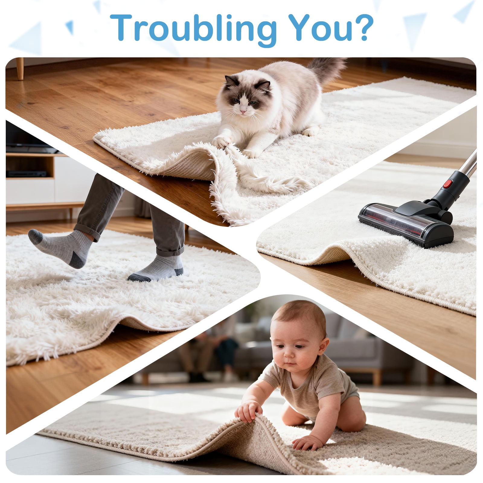 4 Pcs Rug Tape, Double-Sided Adhesive Non Slip Rug Pads Grippers for Hardwood Floors and Tiles