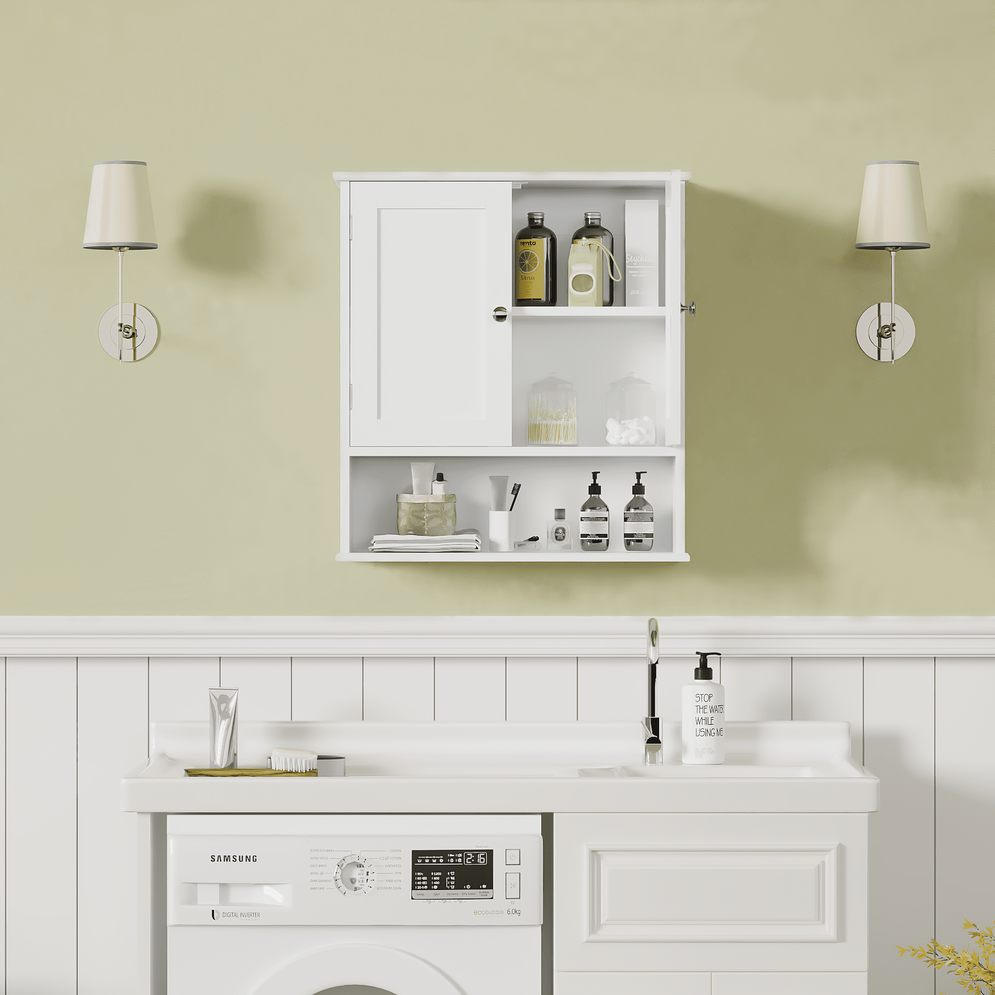 White MDF Wall Mounted Bathroom Cabinet with Door and Adjustable Shelves, 3-Tier Over Toilet Storage, 23.6 x 7.9 x 25.6 in