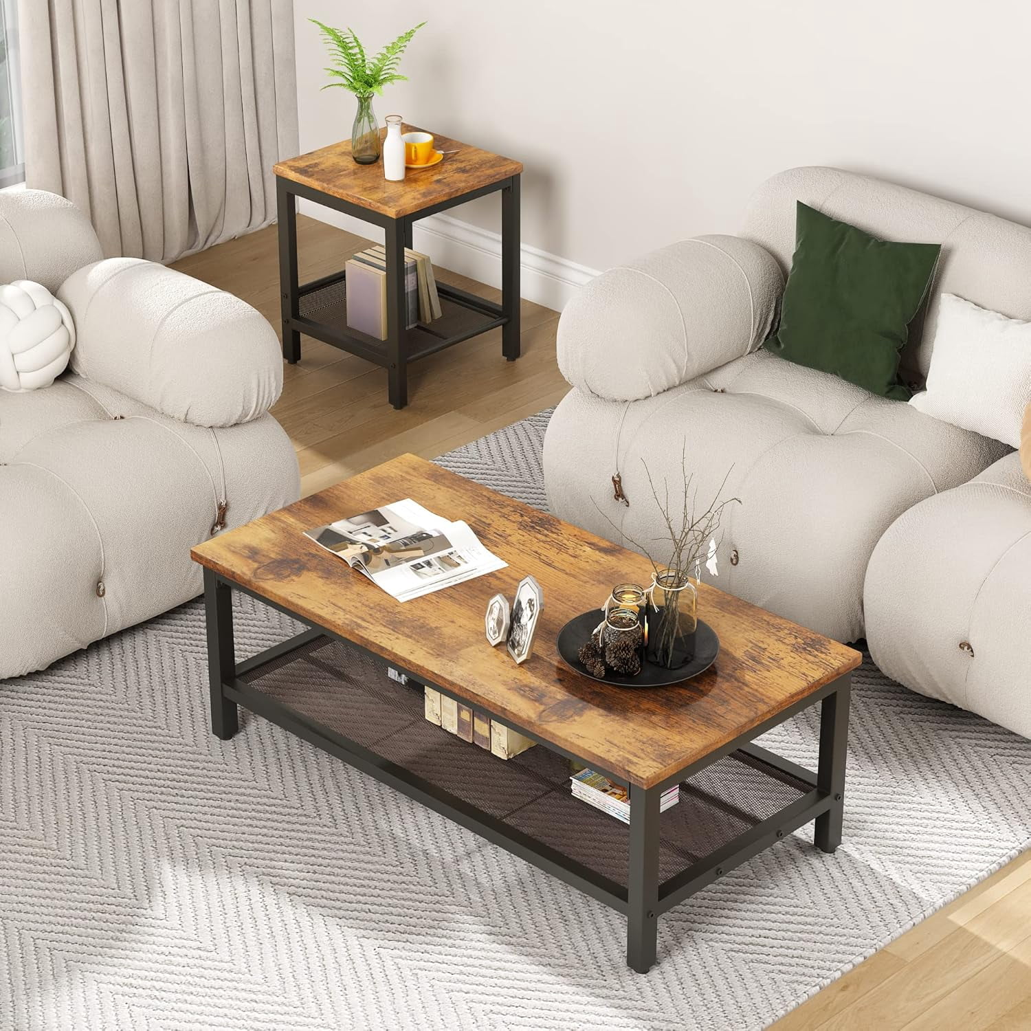 MOOSENG Coffee Table Set of 3, Industrial Vintage Wood Coffee Table with 2 Square End Side Tables, Easy Assembly Living Room Table Set for Offices, Living Rooms and Apartments, Brown