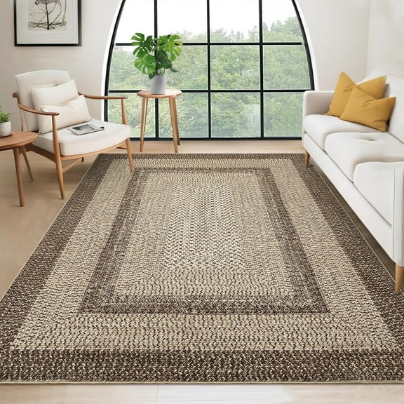 Garvee 5'x7' Printed Braided Rugs Farmhouse Bordered Carpet, Machine Washable Indoor Area Rug Non-Slip Low Pile Rugs for Living Room Bedroom Home Decor, Natural
