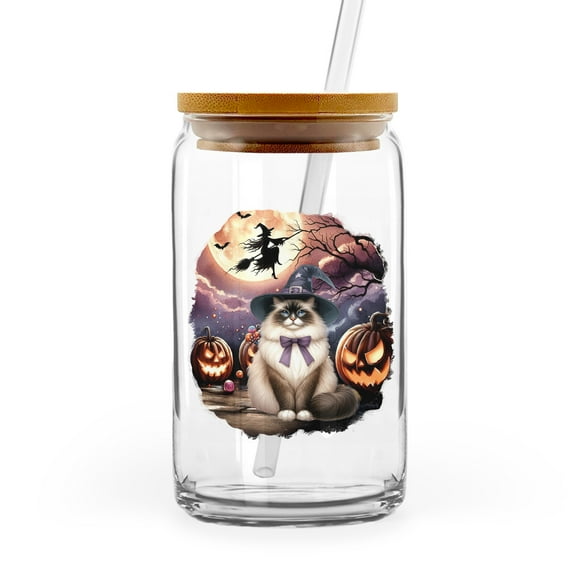 Spooky Halloween Night Witch Ragdoll Glowing Pumpkins 16oz Glass Cup Mug Cat Lover Kitten Owner Gifts Idea Glass Can with Bamboo Lid and Straw - 12015