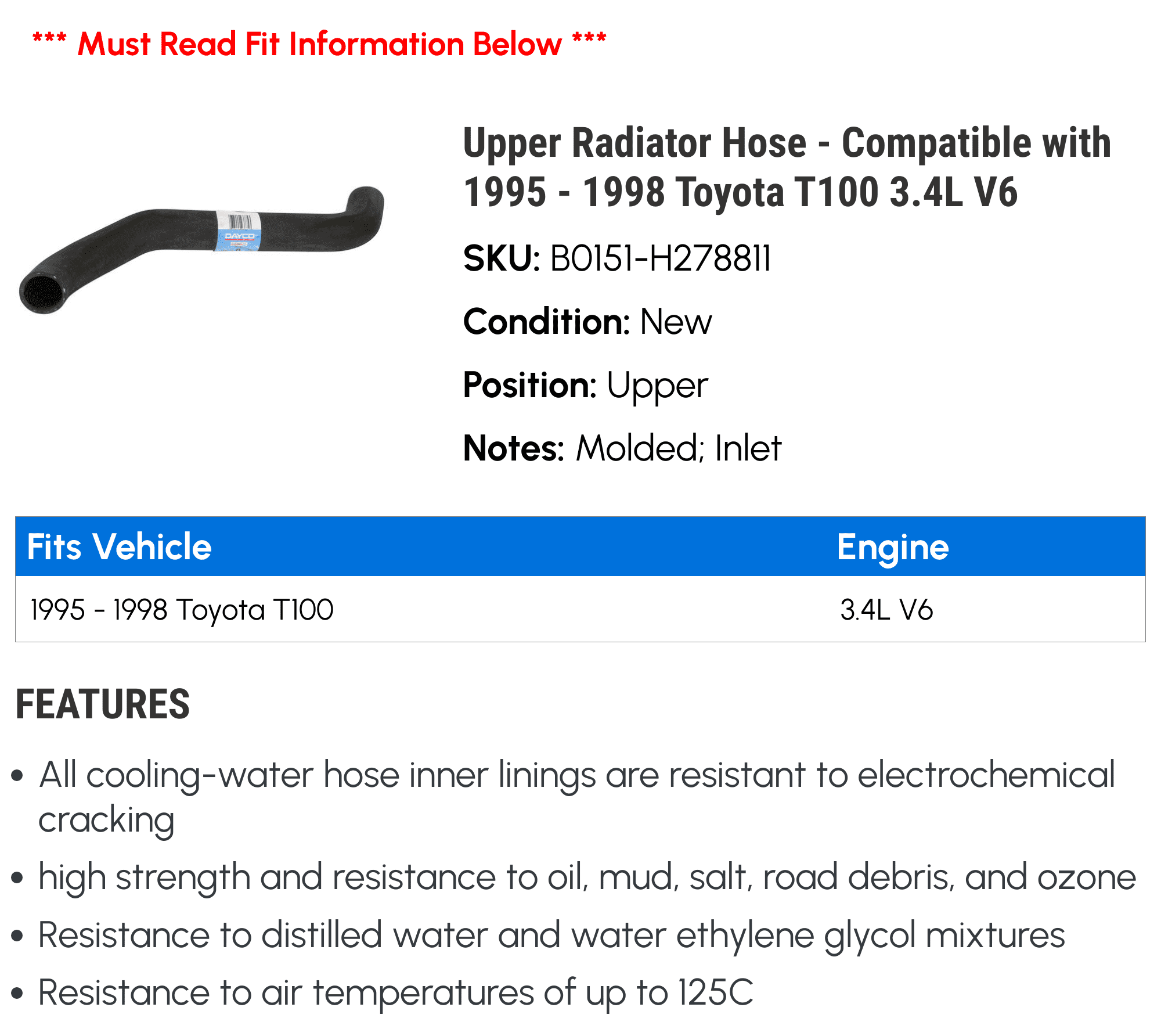 Upper Radiator Hose - Compatible with 1995 - 1998 Toyota T100 3.4L V6 1996 1997