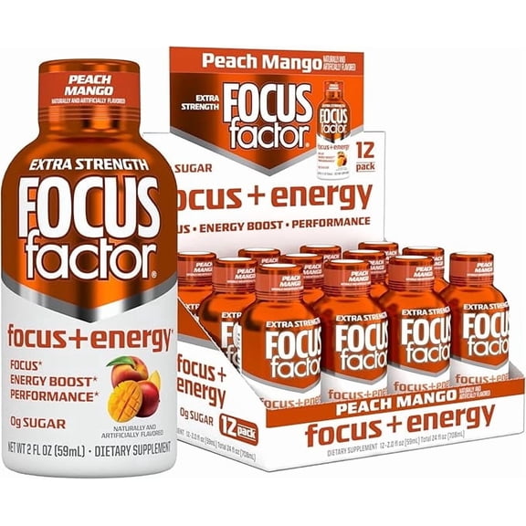 Focus Factor Extra Strength Focus   Energy Shots - 12 x 2oz Bottles (Peach Mango Flavor) - L-Theanine, Ginkgo, Bacopa, L-Tyrosine, Alpha GPC