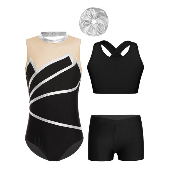 Raenseen Ensemble de Gymnastique 4 Pcs pour Filles Enfants Justaucorps de ballet Scintillant avec Tenue de Sport Sans Manches Argent 14