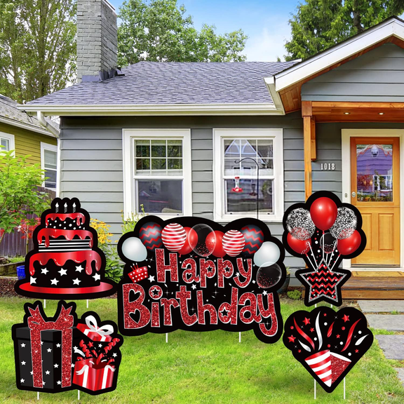 Happy Birthday Yard Signs with Stakes,Black Red Lawn Sign Photo Props for Outdoor Garden,5pcs