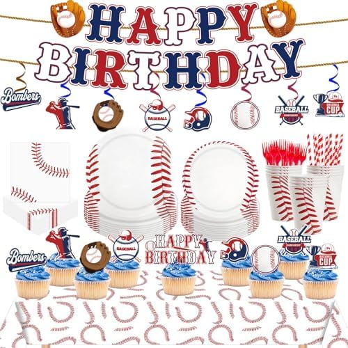 163pcs Baseball Party Supplies Set, Complete Decoration Kit with Plates, Napkins, Banner, Tablecloth, Cake Toppers for Birthday Party, Serves 24$$Home Decor, Kitchen, & Other