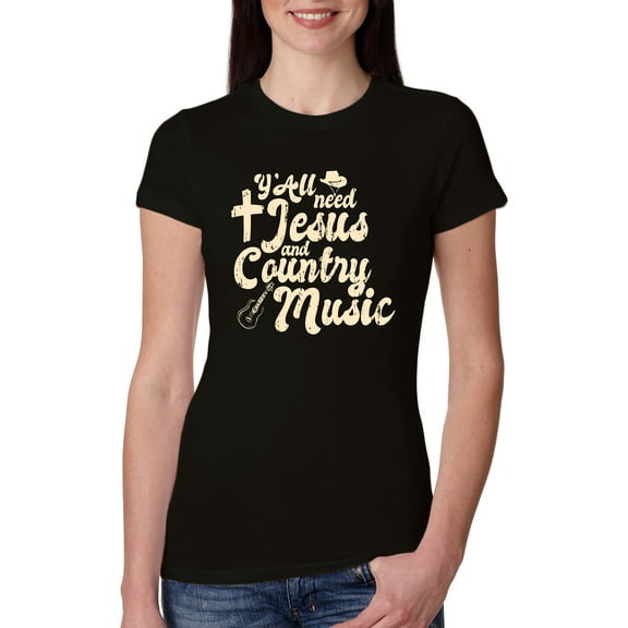 Wild Bobby, Y'all Need Jesus & Country Music, Pop Culture, Women Slim Fit Junior Tee, Black, Small
