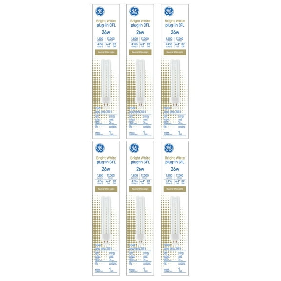 (6 bulbs) GE Bright White 26 watt Plug-in CFL, G24q-3 base, 6.4 inch, F26DX 3500K, 1800 lumen, compact fluorescent light bulb
