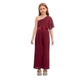 thumbnail image 2 of Linjinx Kids Girls Wide Leg Flared Rompers One Shoulder Ruffle Jumpsuit Wedding Pageant Gown Overalls Burgundy 6, 2 of 6
