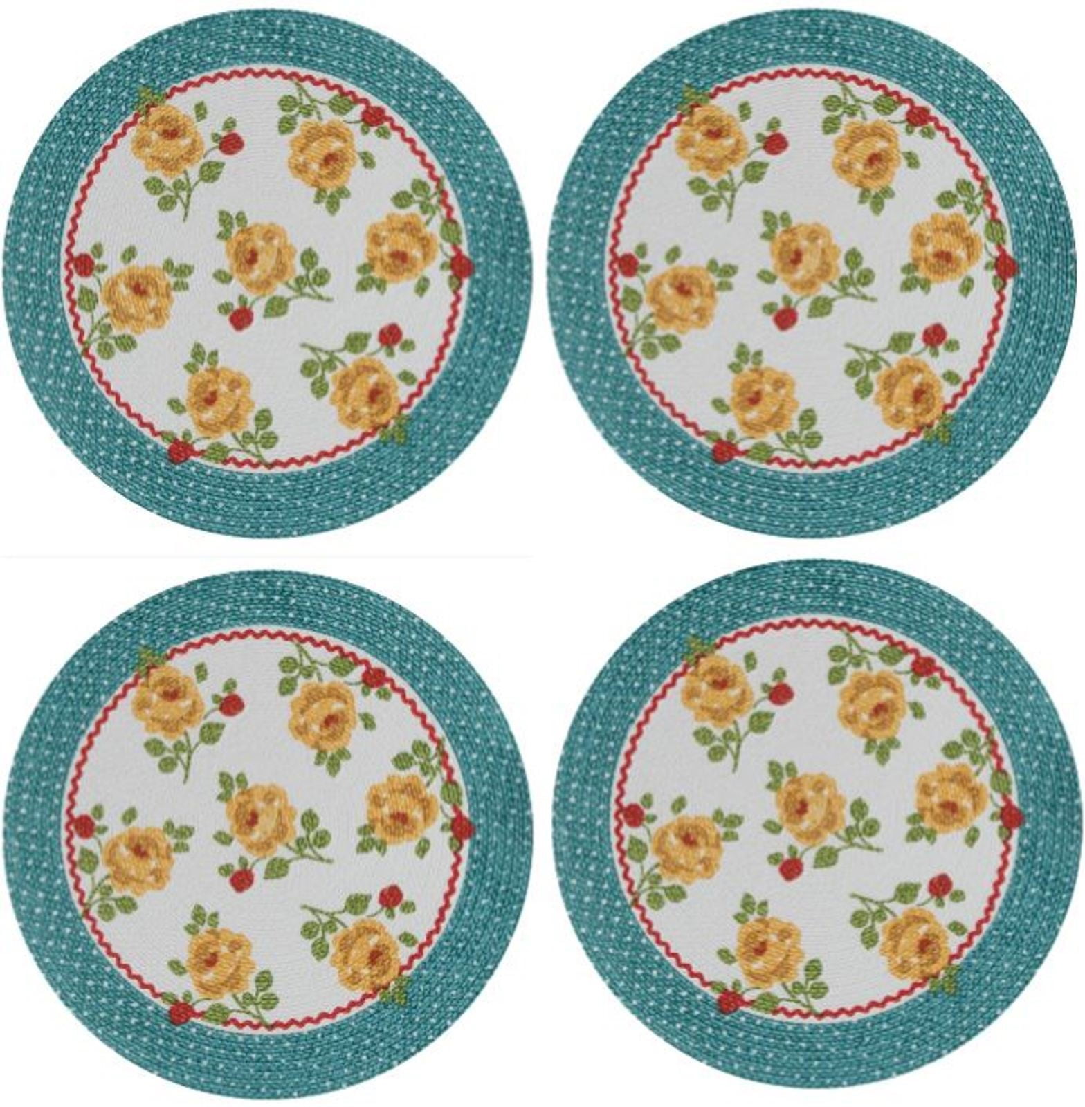 Country Fresh Yellow Rose Floral Round Braided Placemats Set of 4