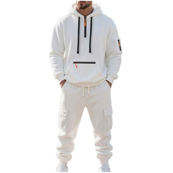hoksml Men's 2-Piece Fleece-Lined Jogger Set, Half-Zip Hooded Top and Cargo Jogger Pants with Drawstring Waist for Casual Winter Wear