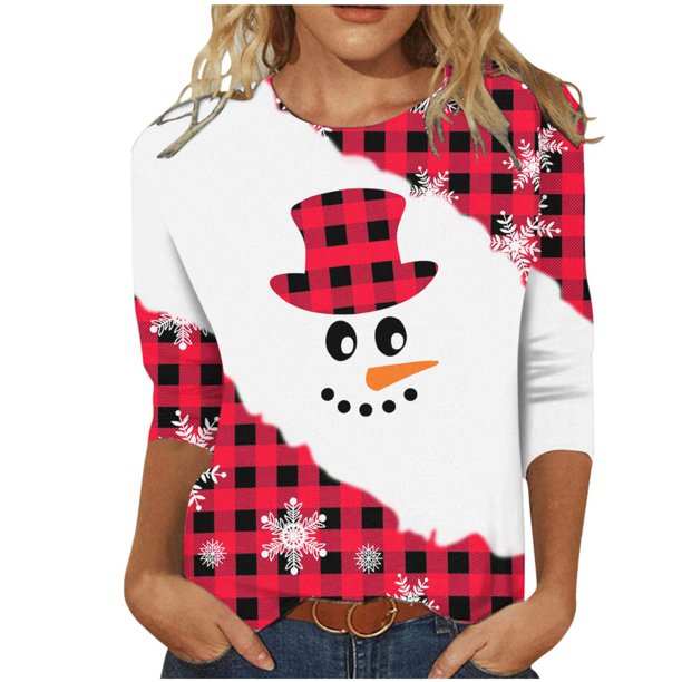 Tops Navideños Para Mujer Blusas Moda Impreso Camiseta Suelta 3 4 Mangas Cuello Redondo Casual Odeerbi ODB191515