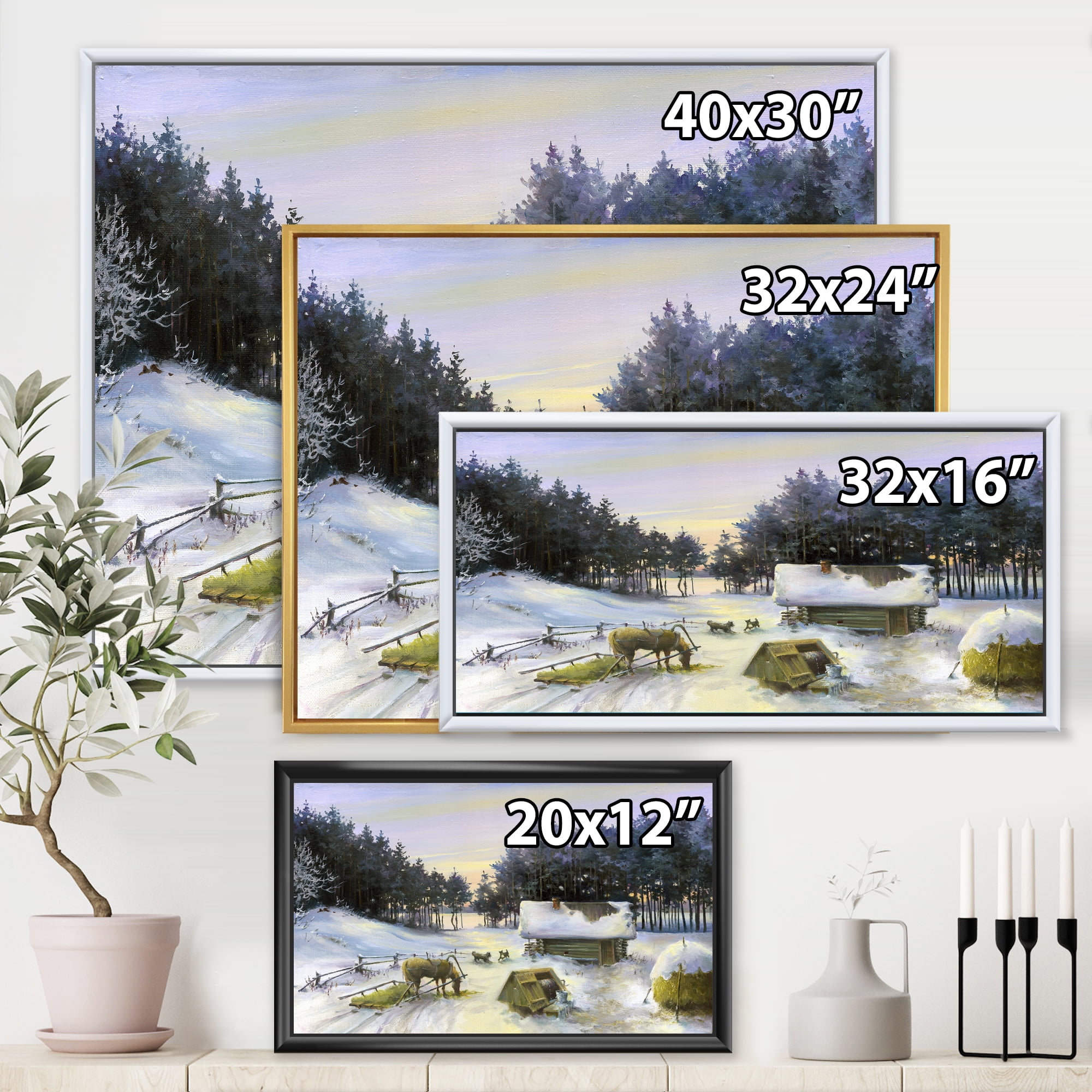 Designart 'Cottage Covered In Snow With Winterscene' Country Framed Canvas Wall Art Print