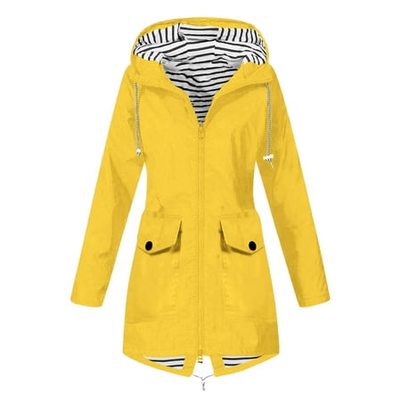 

Fsqjgq Jackets for Women Style Women Solid Rain Jacket Outdoor Plus Size Waterproof Hooded Windproof Loose Coat Scrub Zip Jackets for Women Polyester Yellow Xl
