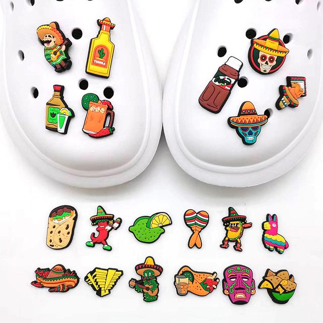 Colección de 20 piezas de comida mexicana, divertidas y fáciles de hacer, zapatos de caverna, hebillas de zapatos con flores, decoraciones de zapatos de jardín con forma de cocodrilo