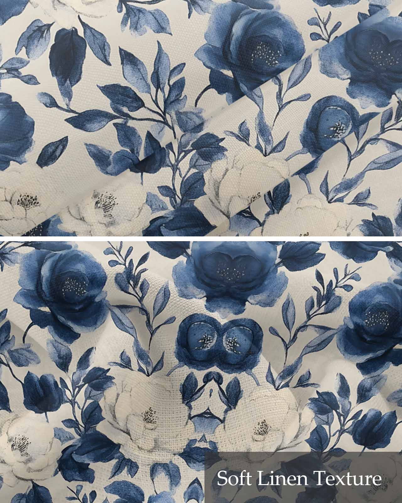 Navy Blue Beige Peony Kitchen Valances for Windows Farmhouse Linen Window Valance Curtain for Living Room Window Treatment Vintage Floral Blossom Botanical Valance Rod Pocket Topper, 54 x 18 Inch