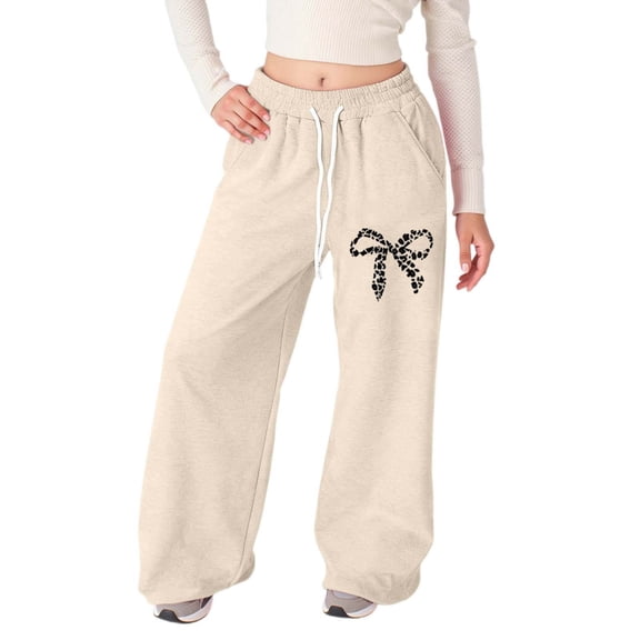Byoo Leopard Bow Graphic Sweatpants for Toddler Girls Athletic Basic Straight Leg Wide Leg Joggers Soft Casual Pants,Beige