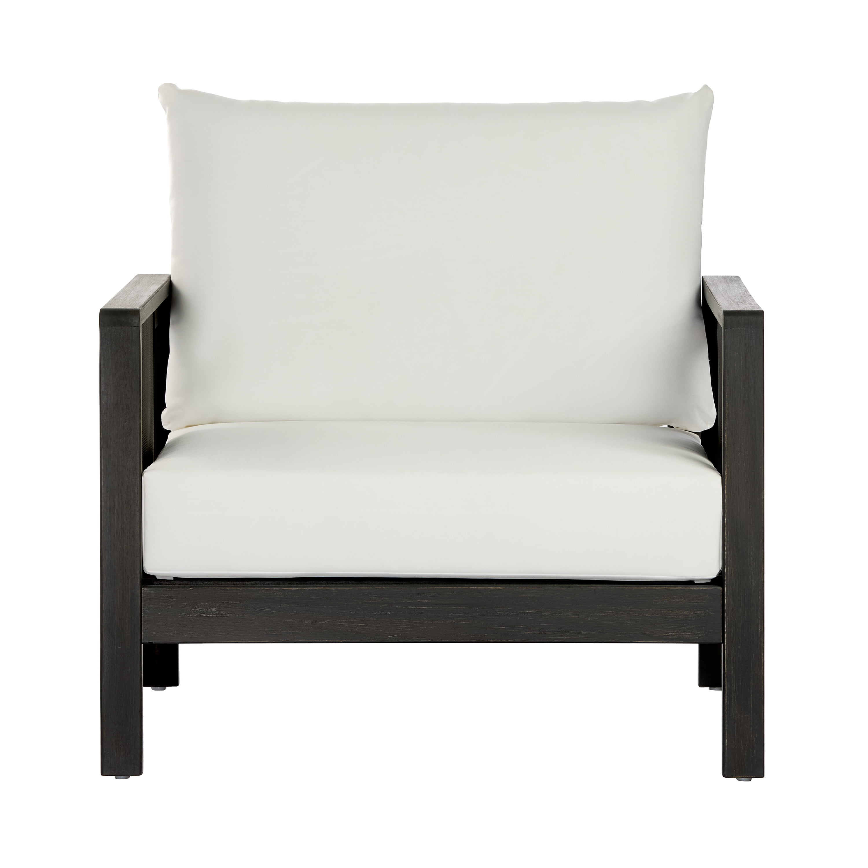 Club Chair, Outdoor Acacia Wood Frame Chair with Black Textilene Accents Water-Repellent White Cushions, Dark Grey