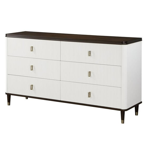 Pemberly Row Wooden 6-Drawer Dresser with Jewelry Tray in White and Brown