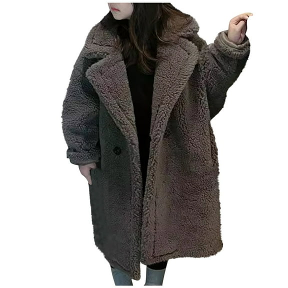 Girls' Sherpa Fleece Long Coat Notch Collar Warm Long Peacoat Fuzzy Warm Overcoat for Fall Winter Daily & Outdoor Wear 2-8Y