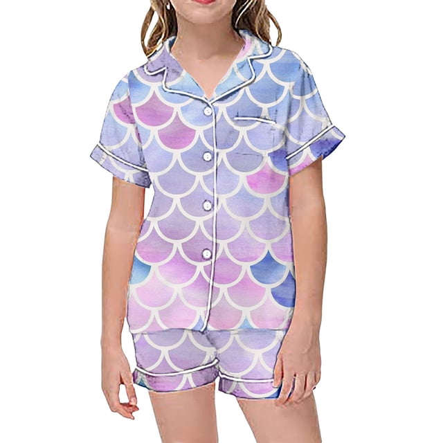 Pyjamas pour Enfants Ensemble Manches Courtes Shorts à Col Rabattu Mode Imprimé Haut Vêtements Bébé Fille Rose 8-9 Ans