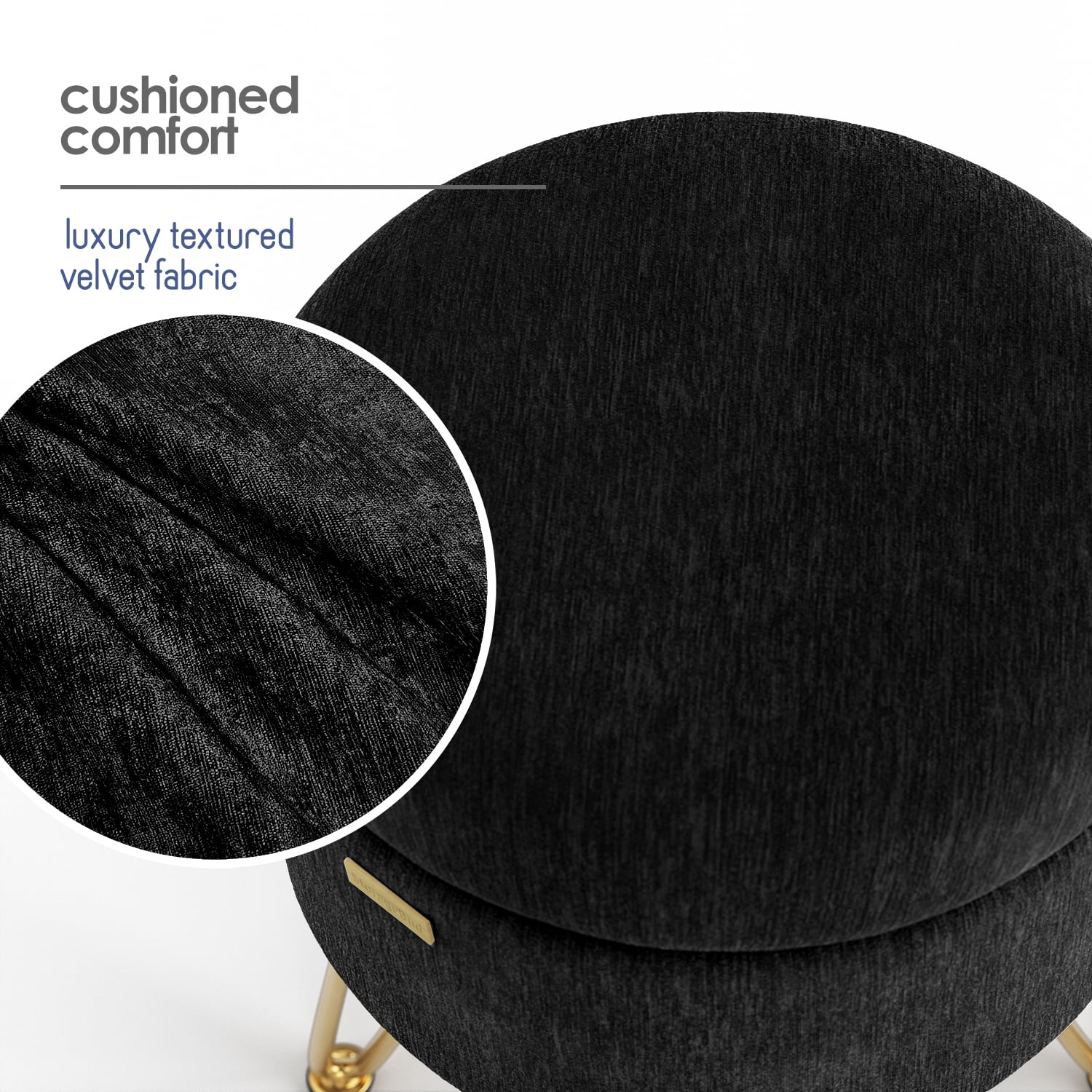 Hearth & Harbor Round Ottoman with Storage, Luxurious Foot Stool and Chic Vanity Stool with Storage, Elegant Textured Velvet Black