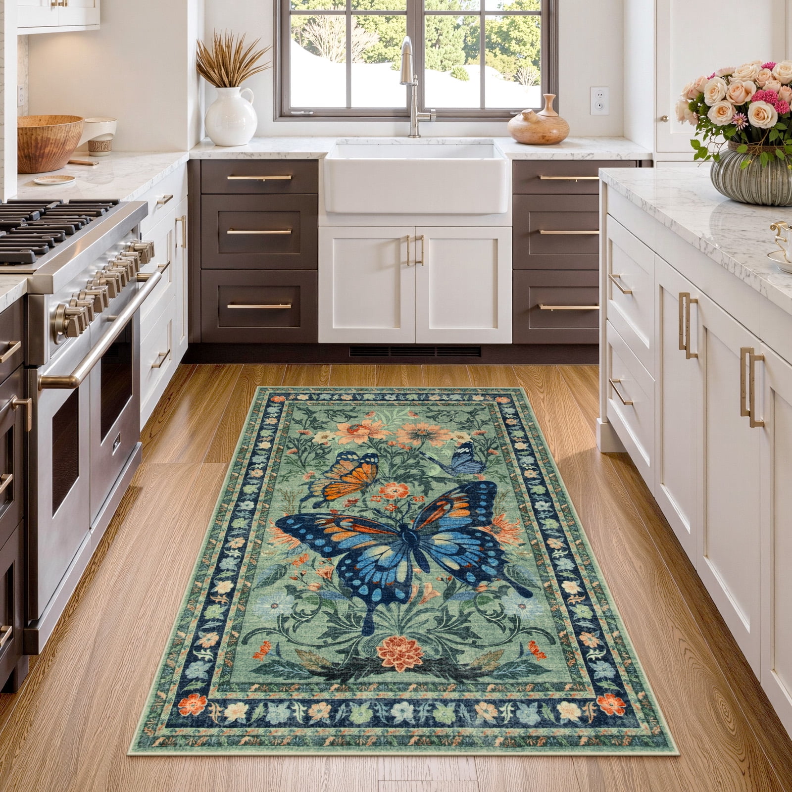Lahome Decor 3'x5' Butterfly Bedroom Rug,Area Rugs 3x5ft Rugs for Entryway. Non-Slip Washable Rugs Stain Resistant Boho Floral Rug Low-Pile Throw Rug for ‎‎Living Room Office,Green