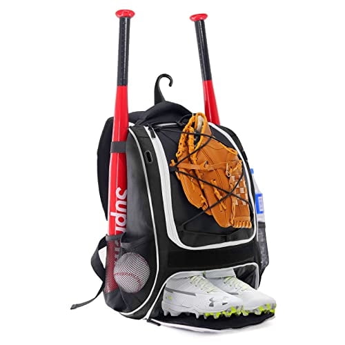 Wolt | Mochila béisbol juvenil, equipo y equipamiento, jóvenes y adultos, compartimento bate, casco, guante, zapatos, gancho valla (negro)