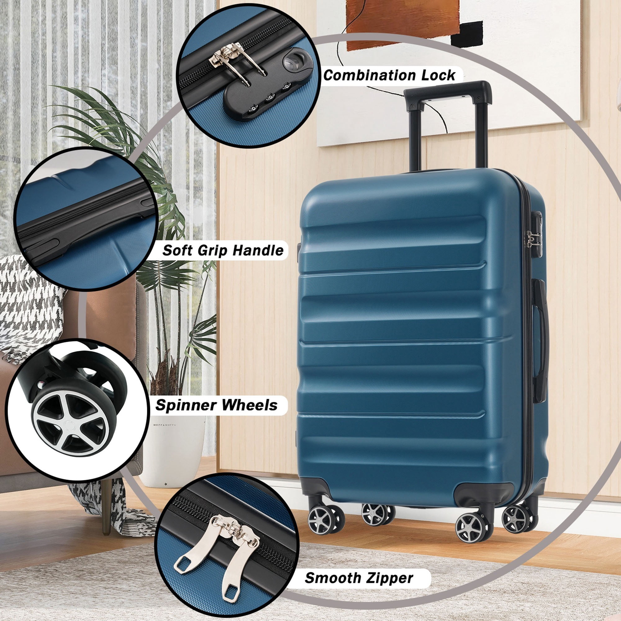 Hardshell ABS Luggage Set, 24-Inch Checked Suitcase with Spinner Wheels, Lightweight Travel Luggage with 2 Packing Cubes for Men & Women