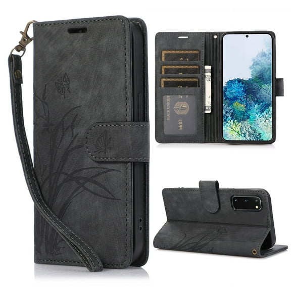 Nalacover Slim Wallet Case for Samsung Galaxy S20 Plus, for Women Men, Embossed Pattern PU Leather Shockproof Magnetic Clasp Credit Card Slots Flip Kickstand Phone Case Wrist Strap,Black