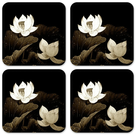 Vinyl Drink Coasters - Set of 4 - Black & White Flowers