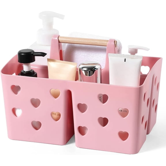 Portable Shower Caddy Plastic Shower Basket Organizer Divided Bathroom Caddy Storage Cleanning Caddy Tote with Handle for College, Dorm Room, Kitchen, Pink