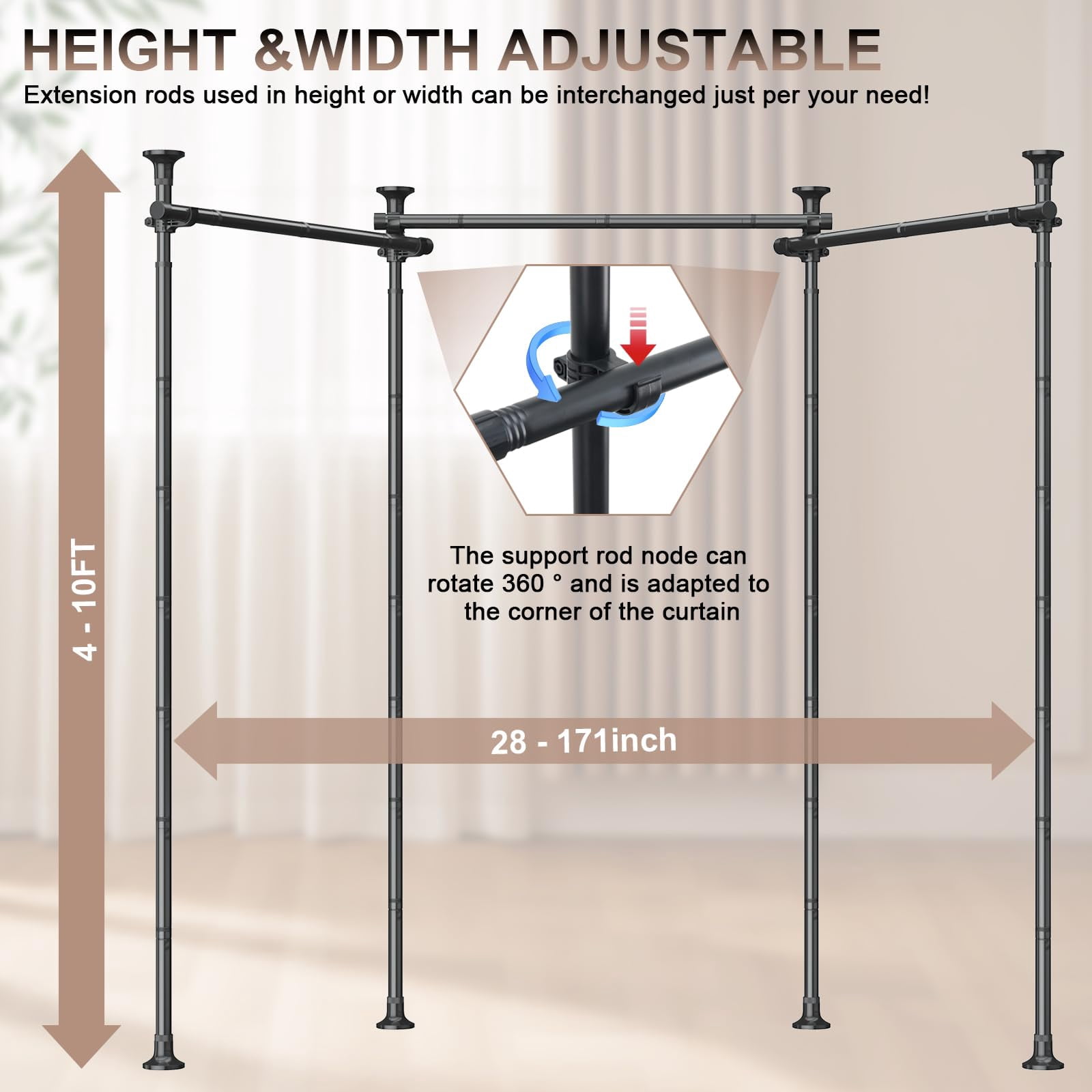 IHOMEPARK Room Divider Curtain Rods No Drilling Ceiling to Floor, Adjustable Heavy Duty Tension Rod for Room Separation Bedroom Rental，28-171inch(W) 4-10ft(H)（Matte Black）