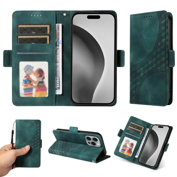 Designed for iPhone 16 Pro Max Case Wallet, Flip Folio Cover with Embossed PU Leather Stand Credit Card Holders Slots Wrist Strap Full Body Protection Phone Case for iPhone 16 Pro Max - Green