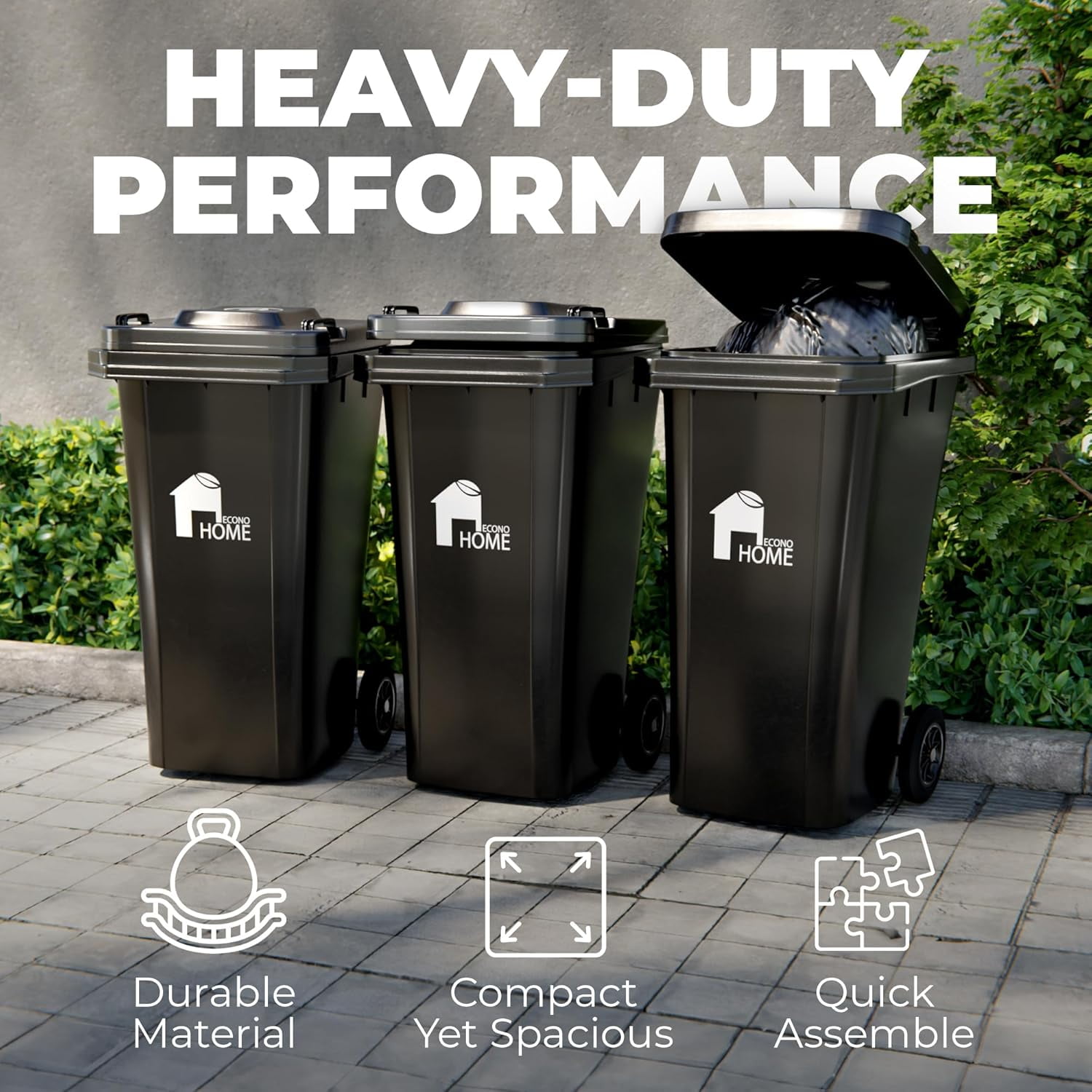 EconoHome Outdoor Garbage Can with Lid - 32 Gallon Trash Can for Backyard, Deck, Garage - Dual Wheels, Extra Heavy-Duty, Durable Handle - Versatile Home & Commercial Storage Container - Black, 2-Pack