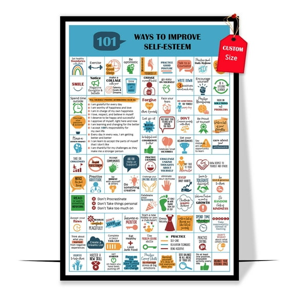 LOLUIS 101 Ways To Improve Self-Esteem Poster, Coping Skills Poster, Mental Health Poster for Kids Teens (Unframed 11"x17")
