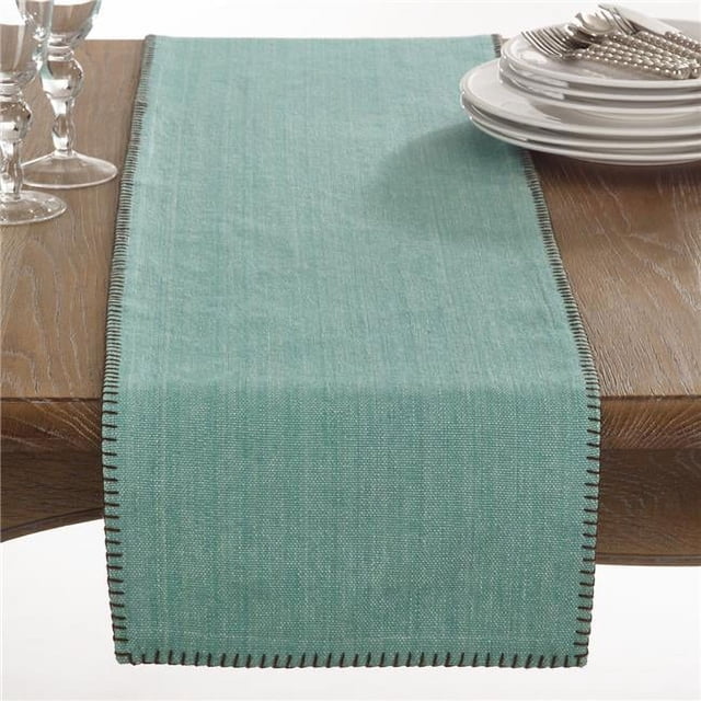 Saro Lifestyle Chemin de Table en Coton Design Cousu, Aqua, 13 Pouces"x72 Pouces"