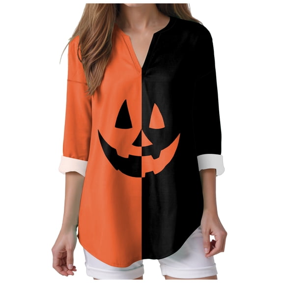 Kaprioy Halloween Shirts for Women 3/4 Sleeve Tops Halloween Block Color Pumpkin Printed V Neck Fall Fashion Blouse Funny Tops Orange, M