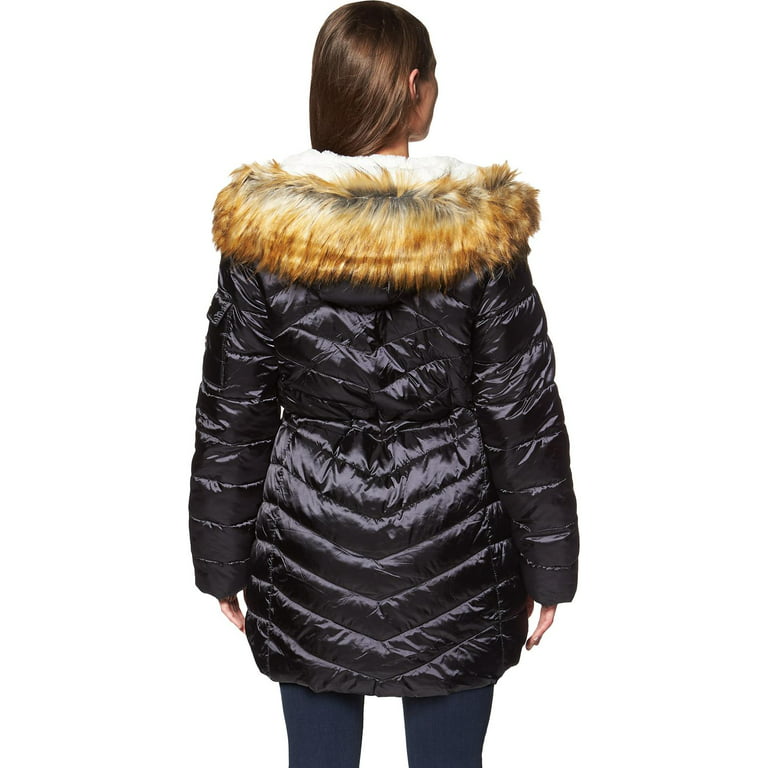 Jessica Simpson Women S Faux Fur Lined, Jessica Simpson Black Faux Fur Trim Hooded Puffer Coat
