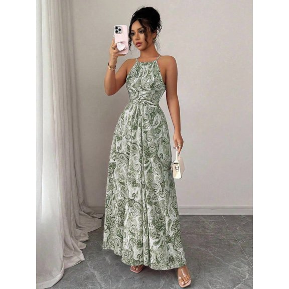 Elegant Multicolor Paisley Print Ruched Waist Halter Maxi Dress For Spring Summer Occasions