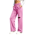 thumbnail image 5 of Women's Wide Leg Sweatpants Drawstring Distressed Hole Design Straight Style Side Pockets Loose Streetwear Casual Athletic Trousers, Sweatpants Y2K Pink XXL, 5 of 6